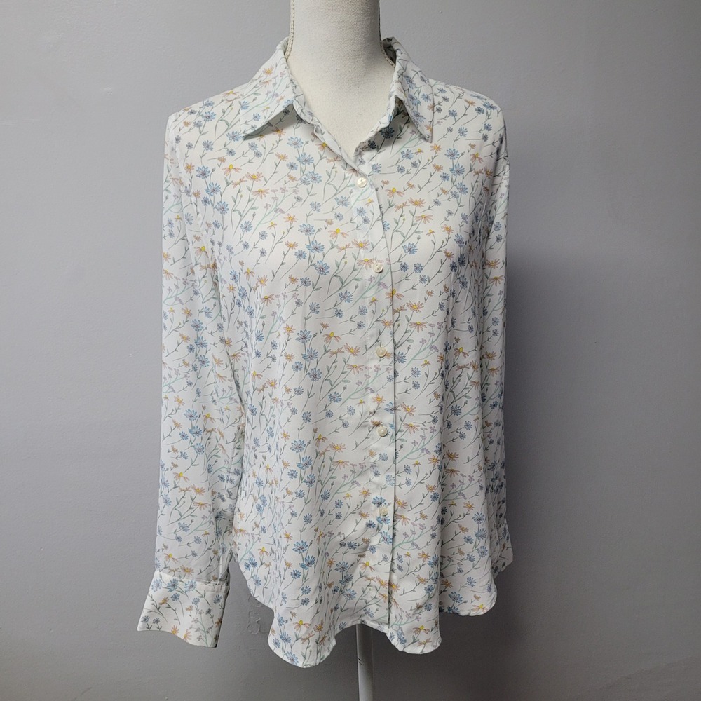 Violet +‎ Claire Floral Blouse Button Down Long Sleeve White Blue Size Large